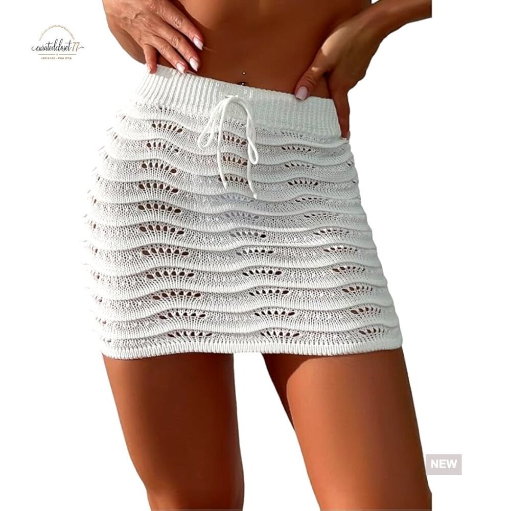 Large Beach Cover Up Skirt Crochet Hollow Out Tie Front Swimsuit Sarong